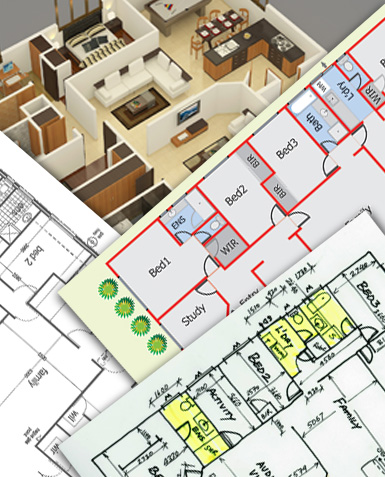 Images showing 3D floor plan, 2D floor plan and CAD floor plan overlapping on each other